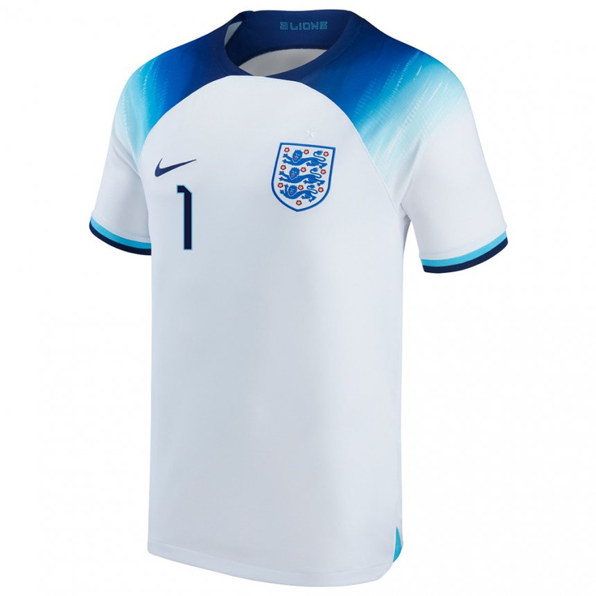 Mujer Camiseta Inglaterra James Beadle #1 Blanco Azul 1ª Equipación 22-24 La Camisa