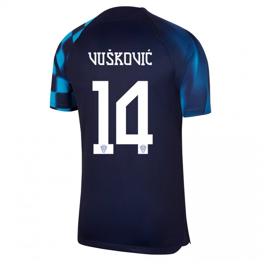 Mujer Camiseta Croacia Mario Vuskovic #14 Azul Oscuro 2ª Equipación 22-24 La Camisa