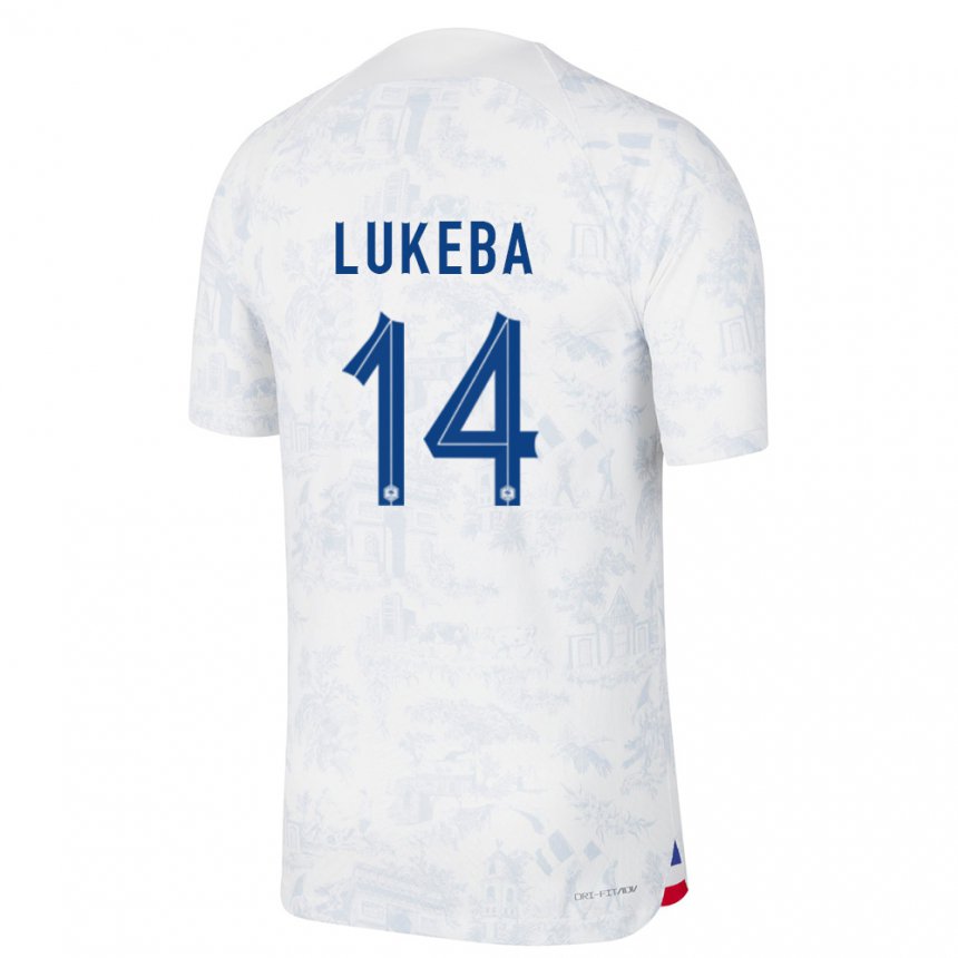 Mujer Camiseta Francia Castello Lukeba #14 Blanco Azul 2ª Equipación 22-24 La Camisa