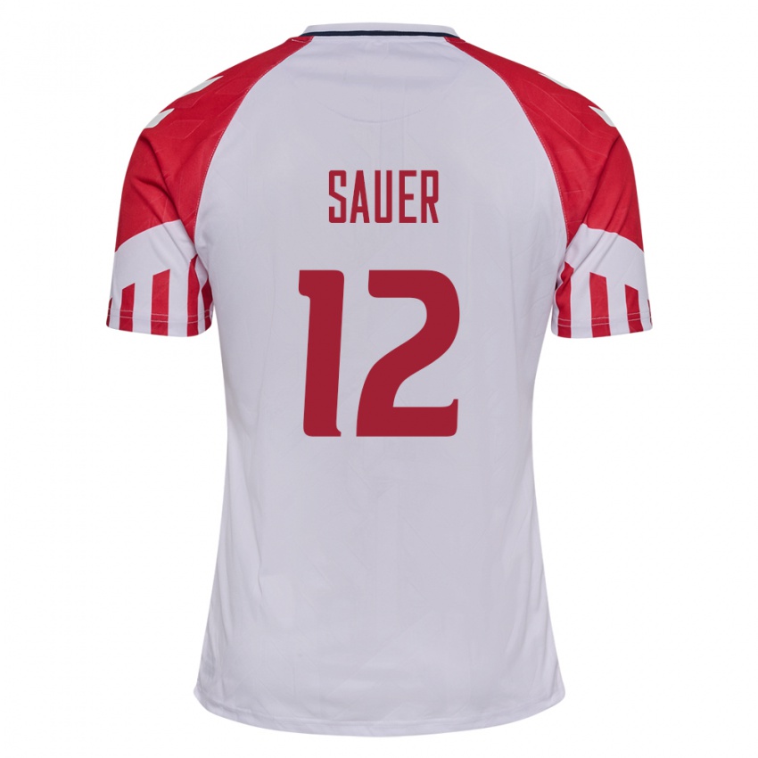 Hombre Camiseta Dinamarca Mathias Sauer #12 Blanco 2ª Equipación 24-26 La Camisa