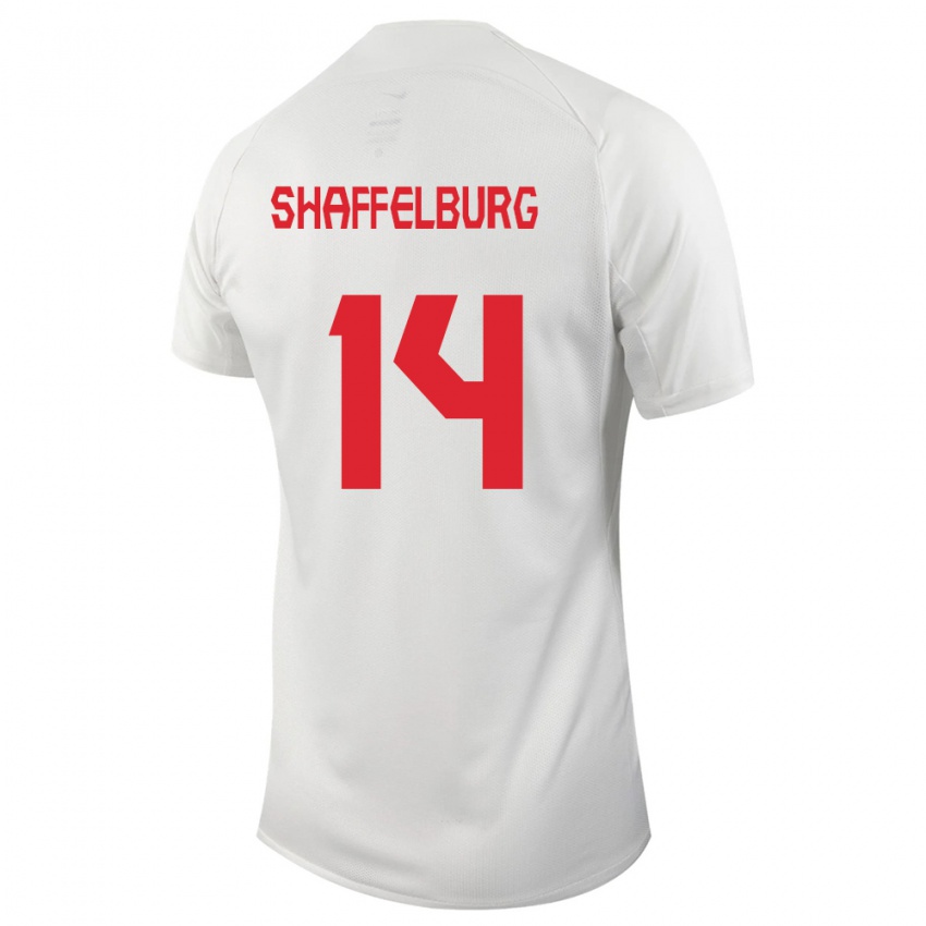 Mujer Camiseta Canadá Jacob Shaffelburg #14 Blanco 2ª Equipación 24-26 La Camisa