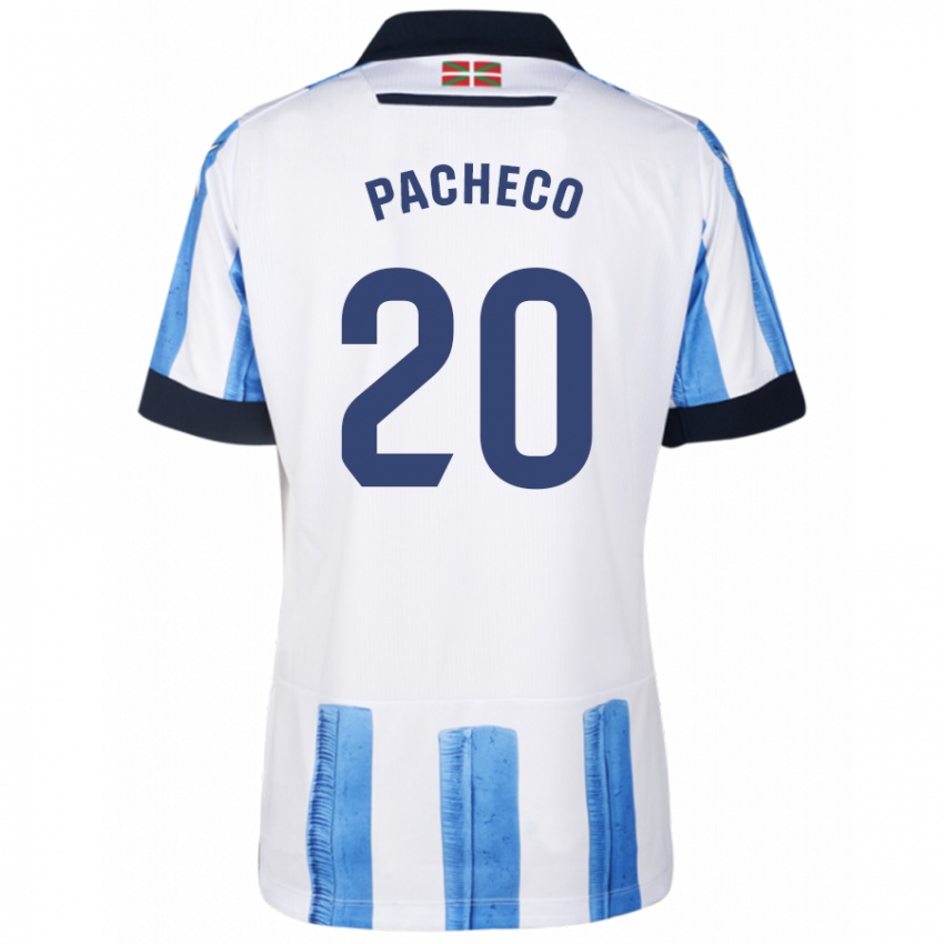 Hombre Camiseta Jon Pacheco #20 Azul Blanco 1ª Equipación 2023/24 La Camisa