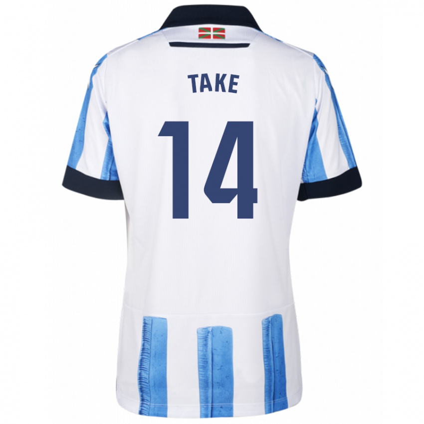 Mujer Camiseta Takefusa Kubo #14 Azul Blanco 1ª Equipación 2023/24 La Camisa