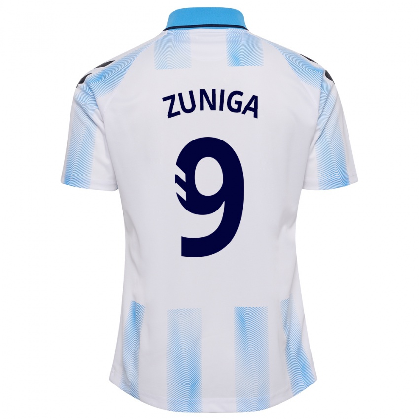 Niño Camiseta Loren Zúñiga #9 Blanco Azul 1ª Equipación 2023/24 La Camisa