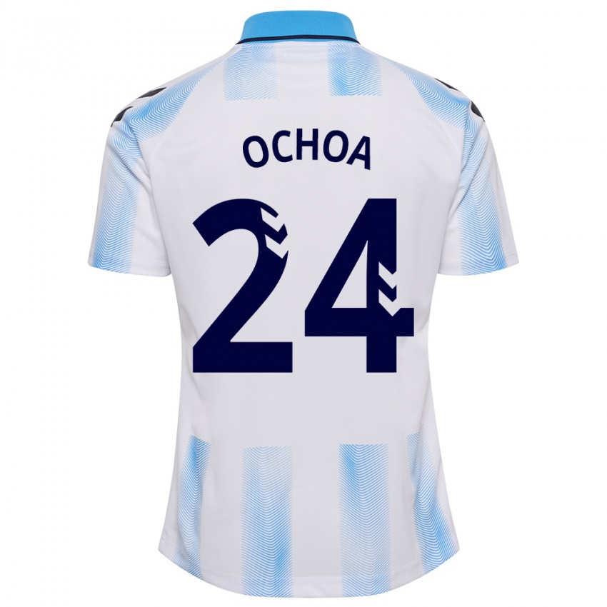 Niño Camiseta Aarón Ochoa #24 Blanco Azul 1ª Equipación 2023/24 La Camisa