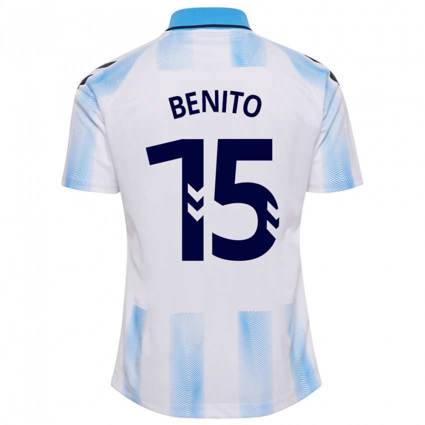Hombre Camiseta Iván Benito #15 Blanco Azul 1ª Equipación 2023/24 La Camisa