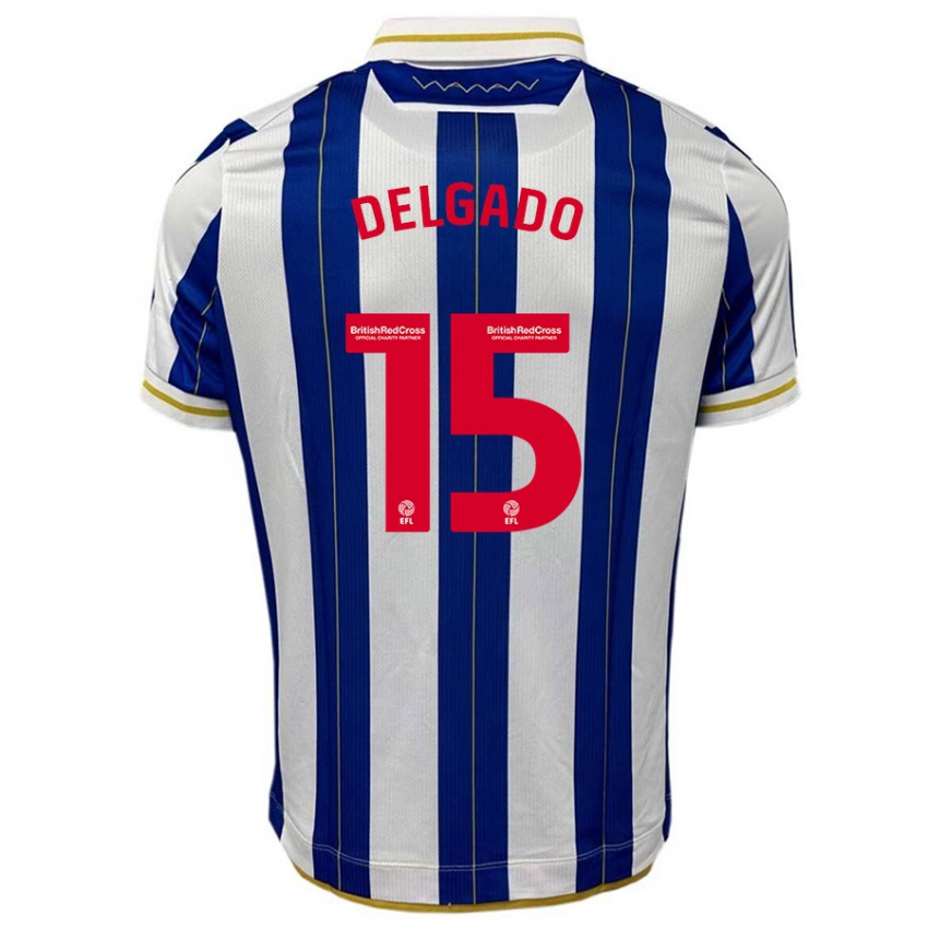 Hombre Camiseta Juan Delgado #15 Azul Blanco 1ª Equipación 2023/24 La Camisa