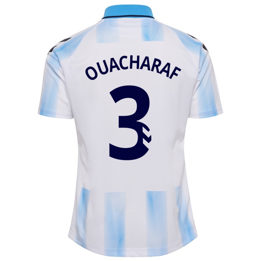 Mujer Camiseta Bilal Ouacharaf #3 Blanco Azul 1ª Equipación 2023/24 La Camisa