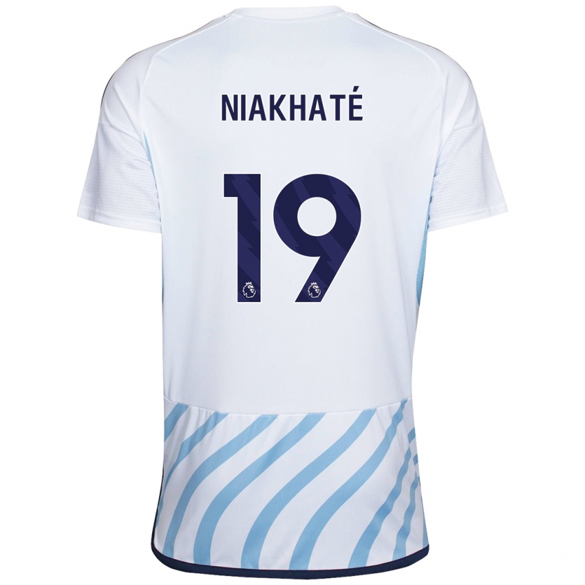 Mujer Camiseta Moussa Niakhaté #19 Blanco Azul 2ª Equipación 2023/24 La Camisa