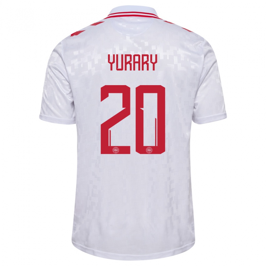 Niño Camiseta Dinamarca Yussuf Poulsen #20 Blanco 2ª Equipación 24-26 La Camisa