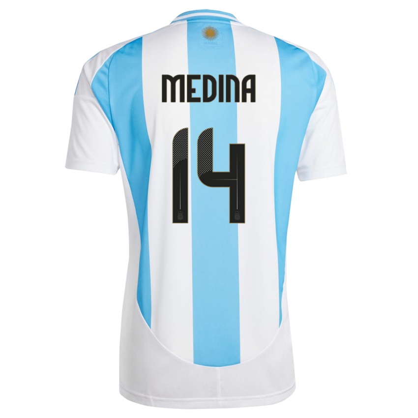 Hombre Camiseta Argentina Facundo Medina #14 Blanco Azul 1ª Equipación 24-26 La Camisa