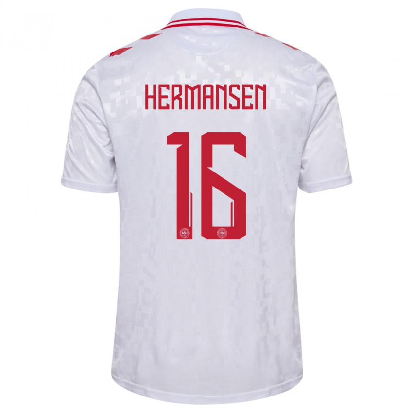 Hombre Camiseta Dinamarca Mads Hermansen #16 Blanco 2ª Equipación 24-26 La Camisa
