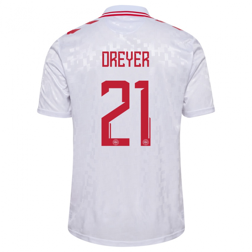 Hombre Camiseta Dinamarca Anders Dreyer #21 Blanco 2ª Equipación 24-26 La Camisa
