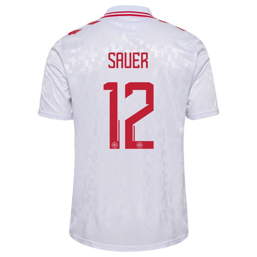 Hombre Camiseta Dinamarca Mathias Sauer #12 Blanco 2ª Equipación 24-26 La Camisa