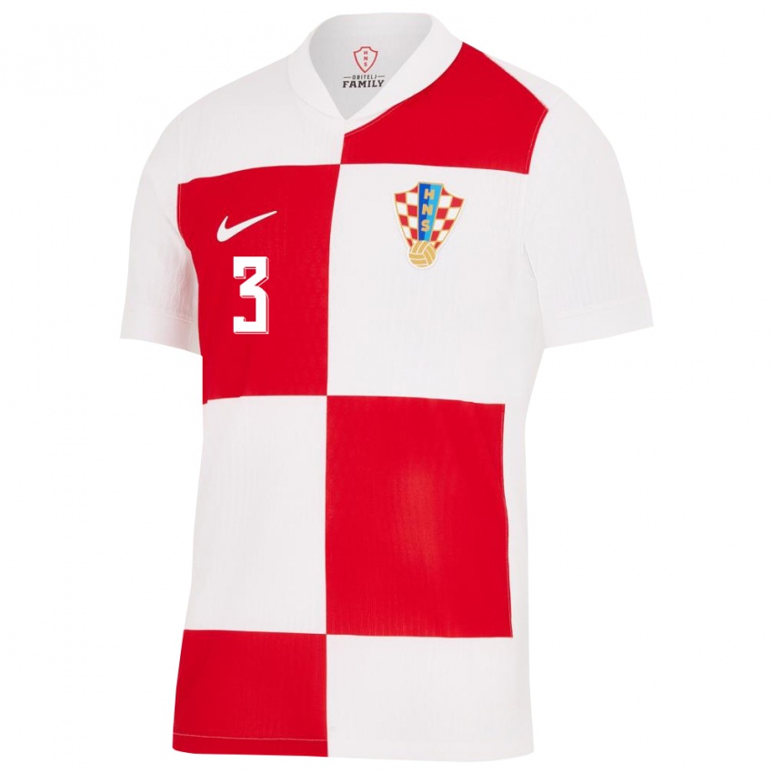 Mujer Camiseta Croacia David Colina #3 Blanco Rojo 1ª Equipación 24-26 La Camisa