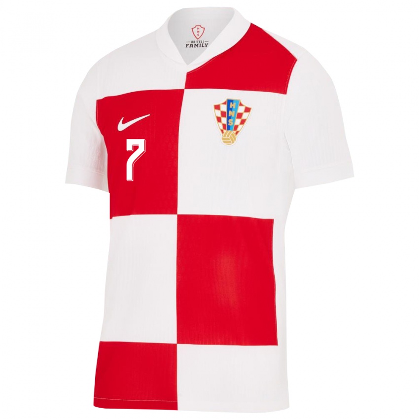 Mujer Camiseta Croacia Lovro Majer #7 Blanco Rojo 1ª Equipación 24-26 La Camisa
