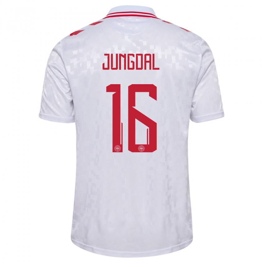 Mujer Camiseta Dinamarca Andreas Jungdal #16 Blanco 2ª Equipación 24-26 La Camisa