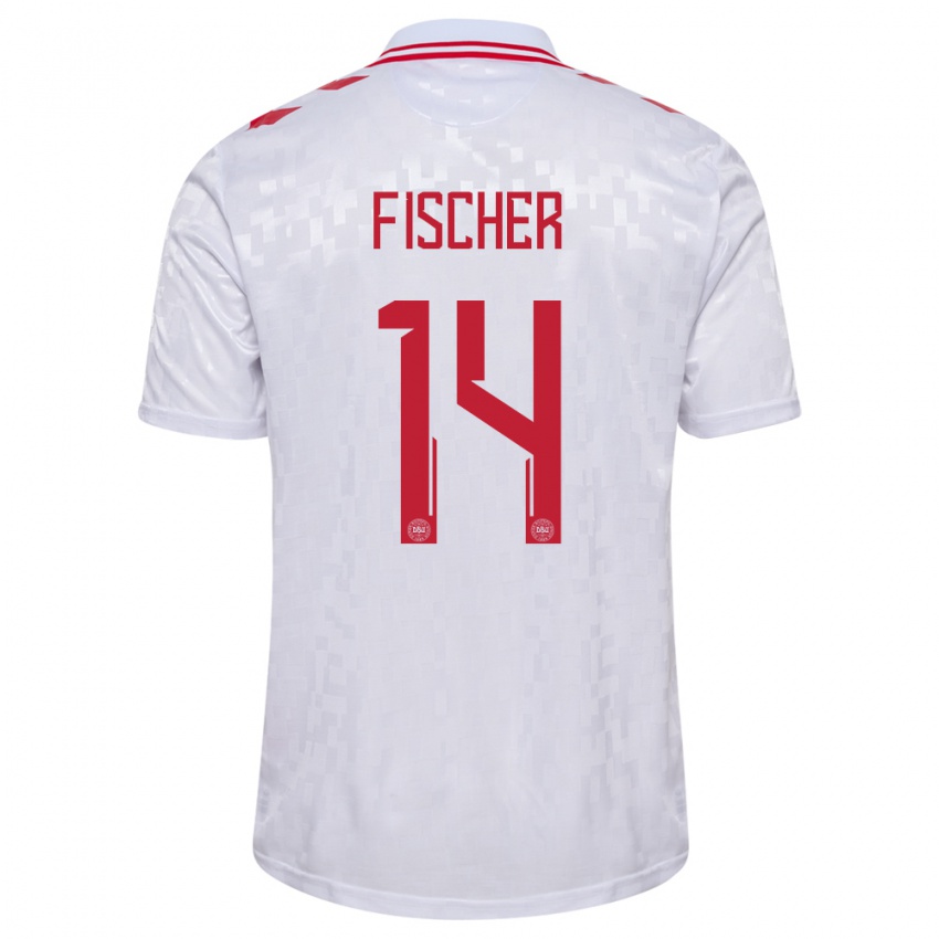 Mujer Camiseta Dinamarca Mikkel Fischer #14 Blanco 2ª Equipación 24-26 La Camisa