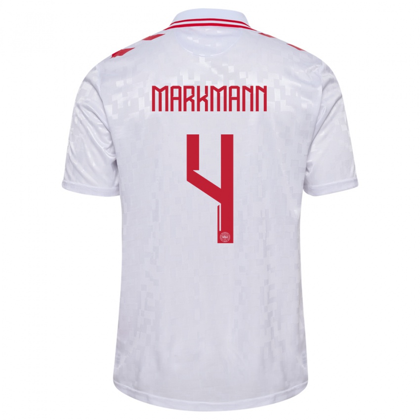 Mujer Camiseta Dinamarca Noah Markmann #4 Blanco 2ª Equipación 24-26 La Camisa