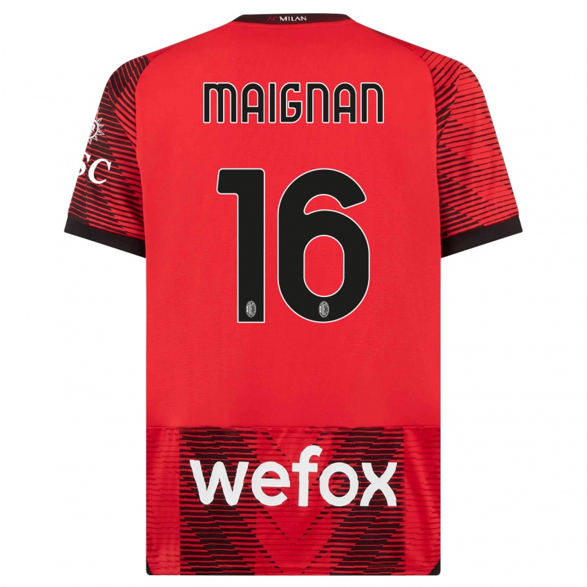 Niño Camiseta Mike Maignan #16 Negro Rojo 1ª Equipación 2023/24 La Camisa