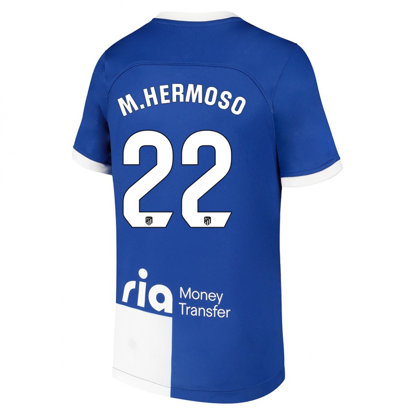 Niño Camiseta Mario Hermoso #22 Azul Blanco 2ª Equipación 2023/24 La Camisa