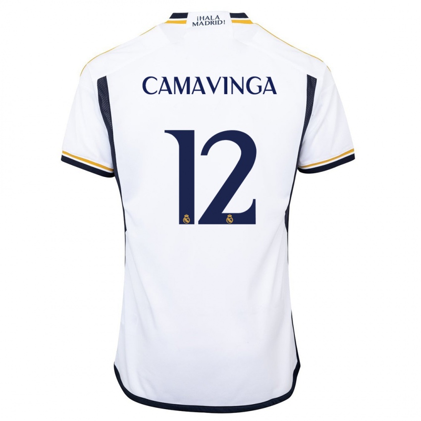 Hombre Camiseta Eduardo Camavinga #12 Blanco 1ª Equipación 2023/24 La Camisa