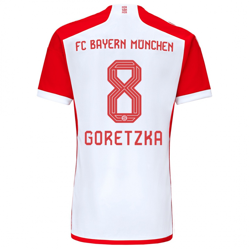 Hombre Camiseta Leon Goretzka #8 Rojo Blanco 1ª Equipación 2023/24 La Camisa