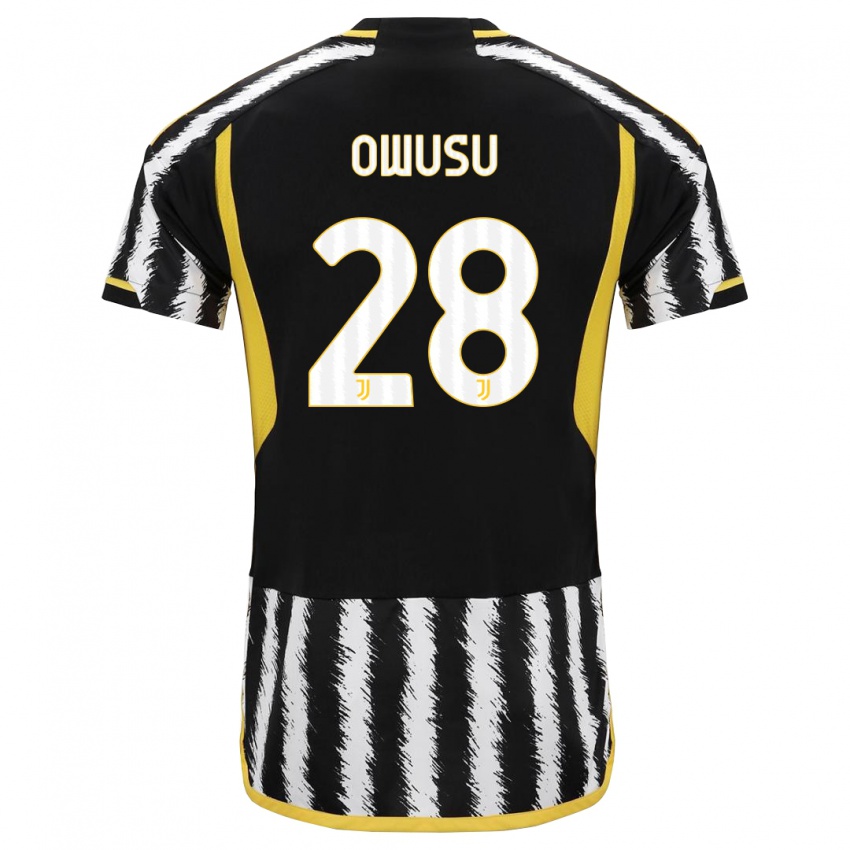 Hombre Camiseta Augusto Owusu #28 Blanco Negro 1ª Equipación 2023/24 La Camisa