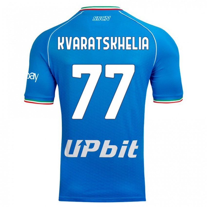 Hombre Camiseta Khvicha Kvaratskhelia #77 Cielo Azul 1ª Equipación 2023/24 La Camisa