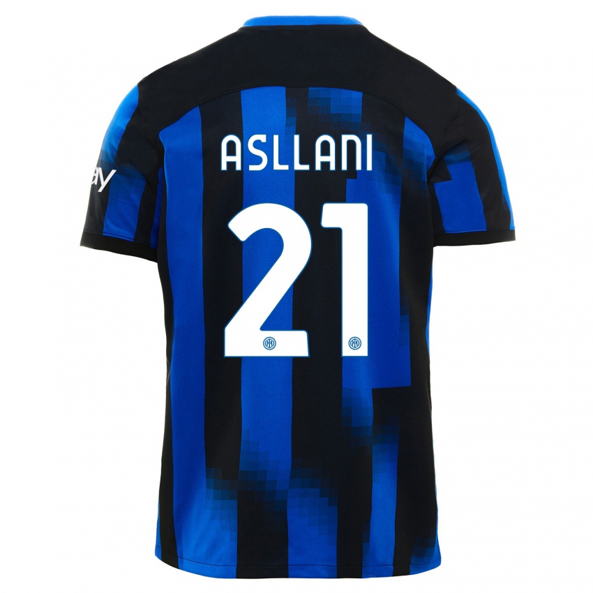 Hombre Camiseta Kristjan Asllani #21 Azul Negro 1ª Equipación 2023/24 La Camisa