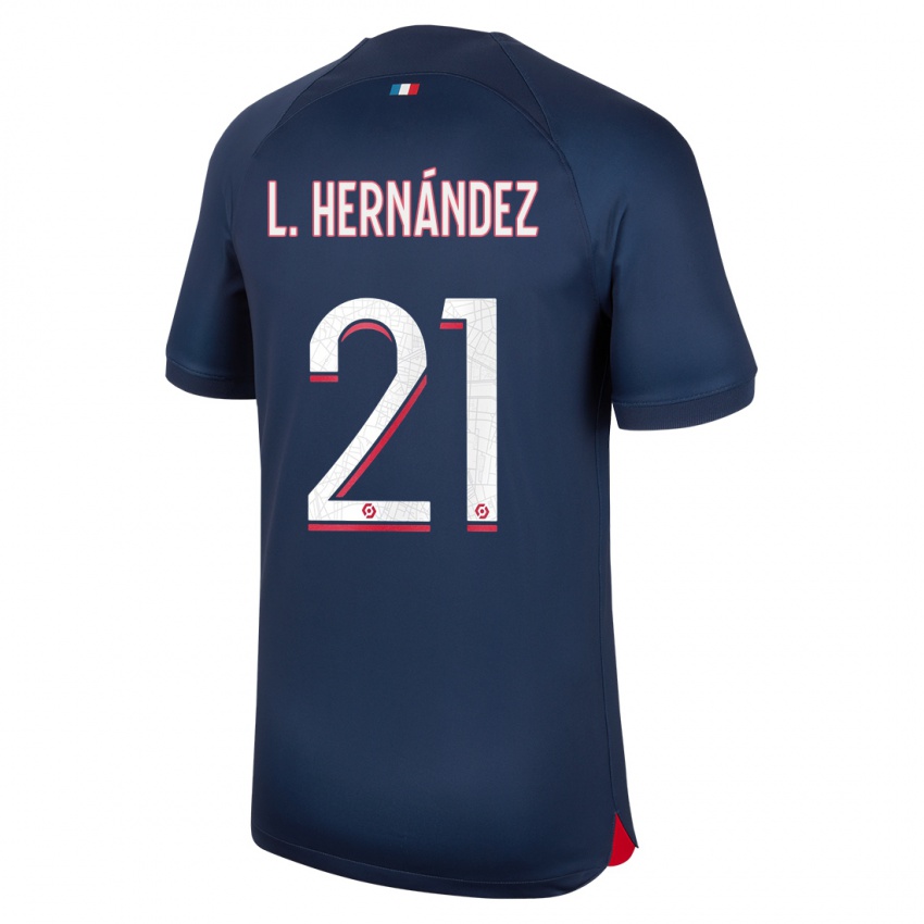 Hombre Camiseta Lucas Hernández #21 Azul Rojo 1ª Equipación 2023/24 La Camisa