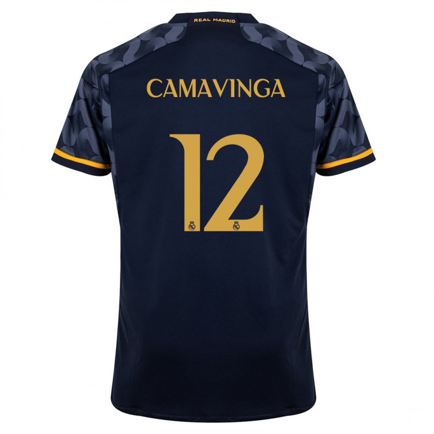 Hombre Camiseta Eduardo Camavinga #12 Azul Oscuro 2ª Equipación 2023/24 La Camisa