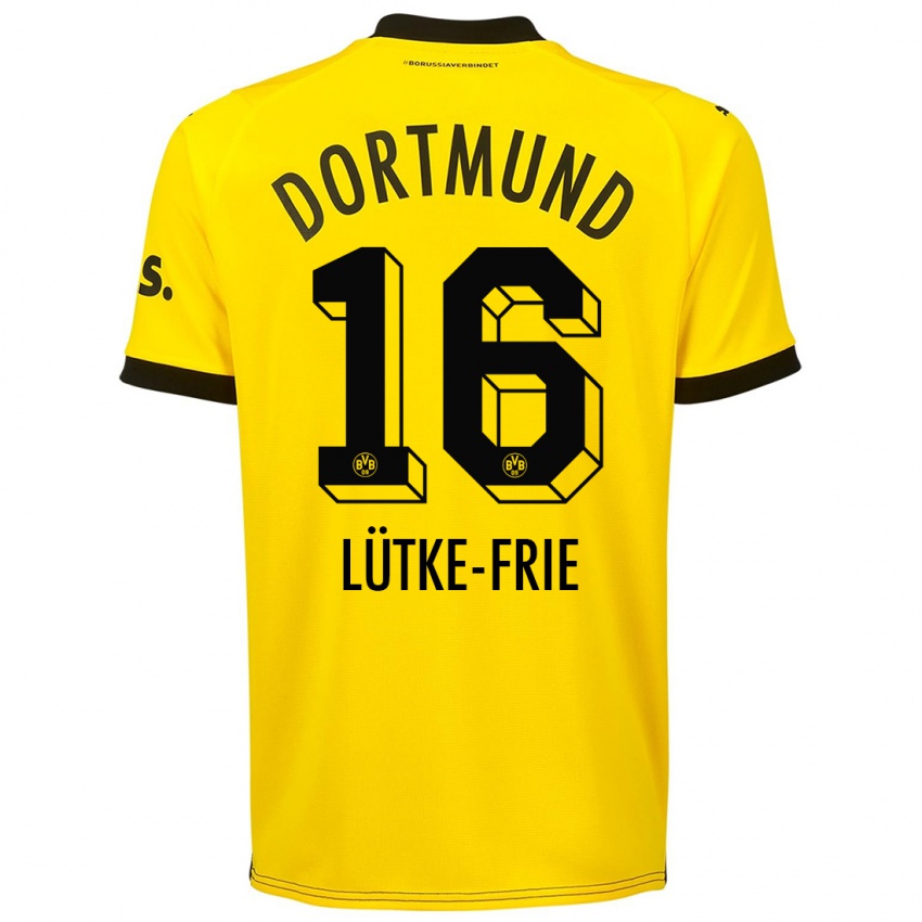 Mujer Camiseta Dennis Lütke-Frie #16 Amarillo 1ª Equipación 2023/24 La Camisa