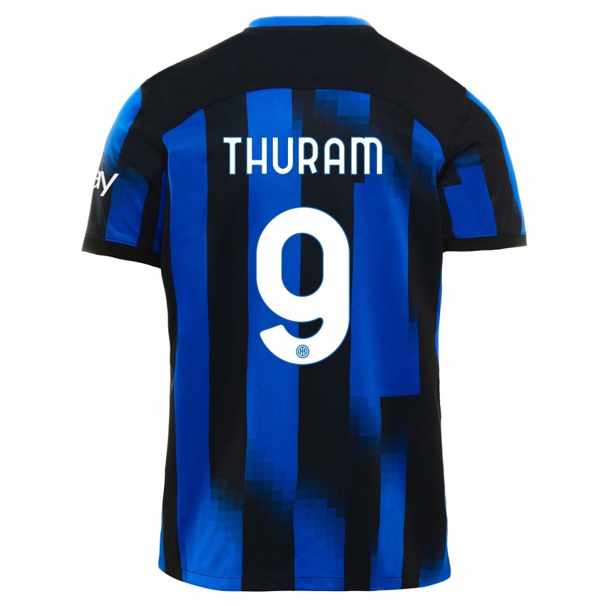 Mujer Camiseta Marcus Thuram #9 Azul Negro 1ª Equipación 2023/24 La Camisa