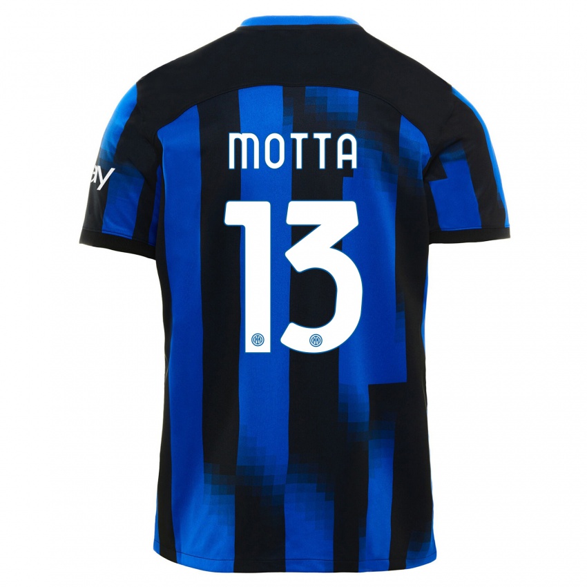 Mujer Camiseta Matteo Motta #13 Azul Negro 1ª Equipación 2023/24 La Camisa