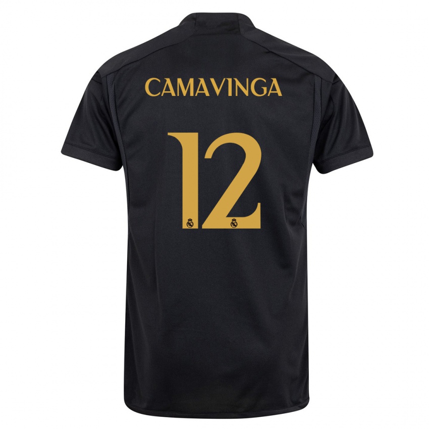 Mujer Camiseta Eduardo Camavinga #12 Negro Equipación Tercera 2023/24 La Camisa