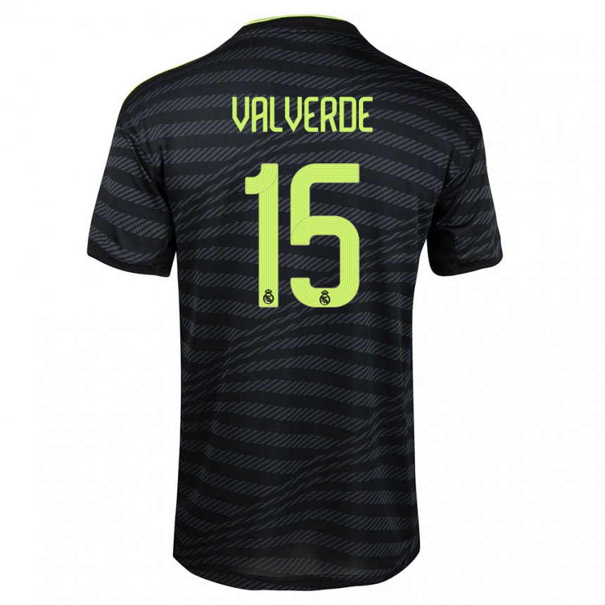 Hombre Camiseta Federico Valverde #15 Negro Gris Oscuro Equipación Tercera 2022/23 La Camisa