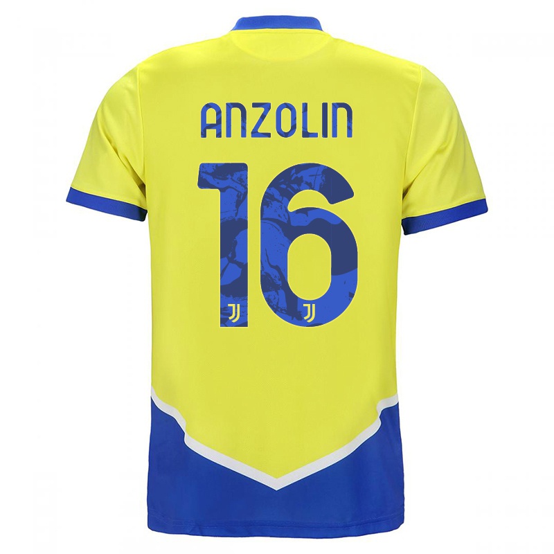 Mujer Camiseta Matteo Anzolin #16 Azul Amarillo 3ª Equipación 2021/22 La Camisa