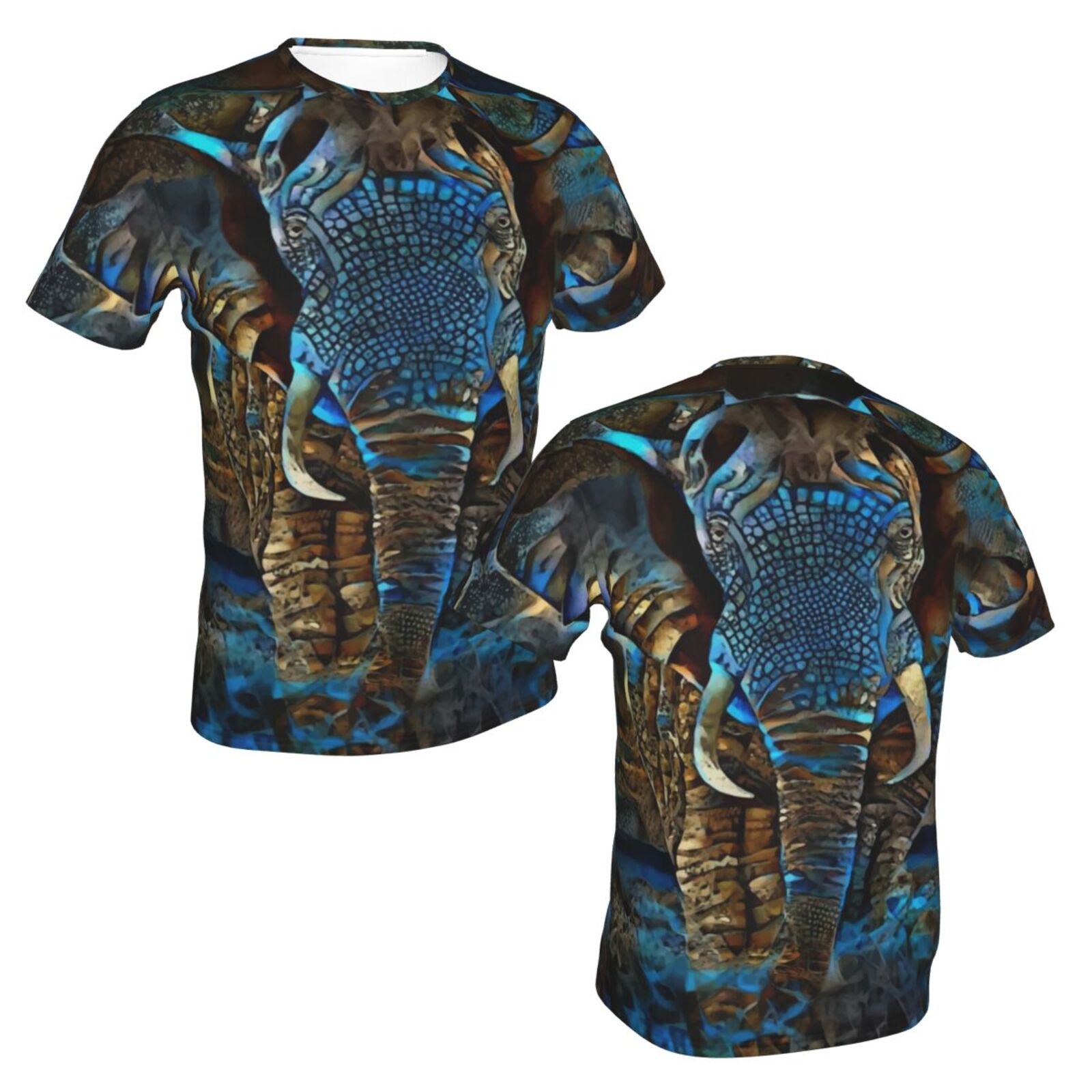 Camiseta Clásica Elefante Marrón Azul Elementos De Técnica Mixta